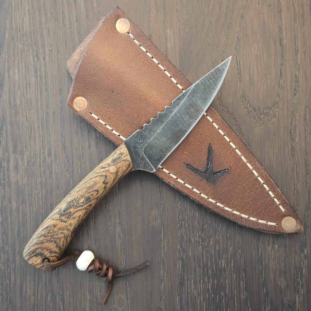 Turkey Run Knife Co. Spur in 80CRV2 HCS and Bocote Wood with Copper Pins By Landon Mook Custom Knives from Mifflinburg, PA