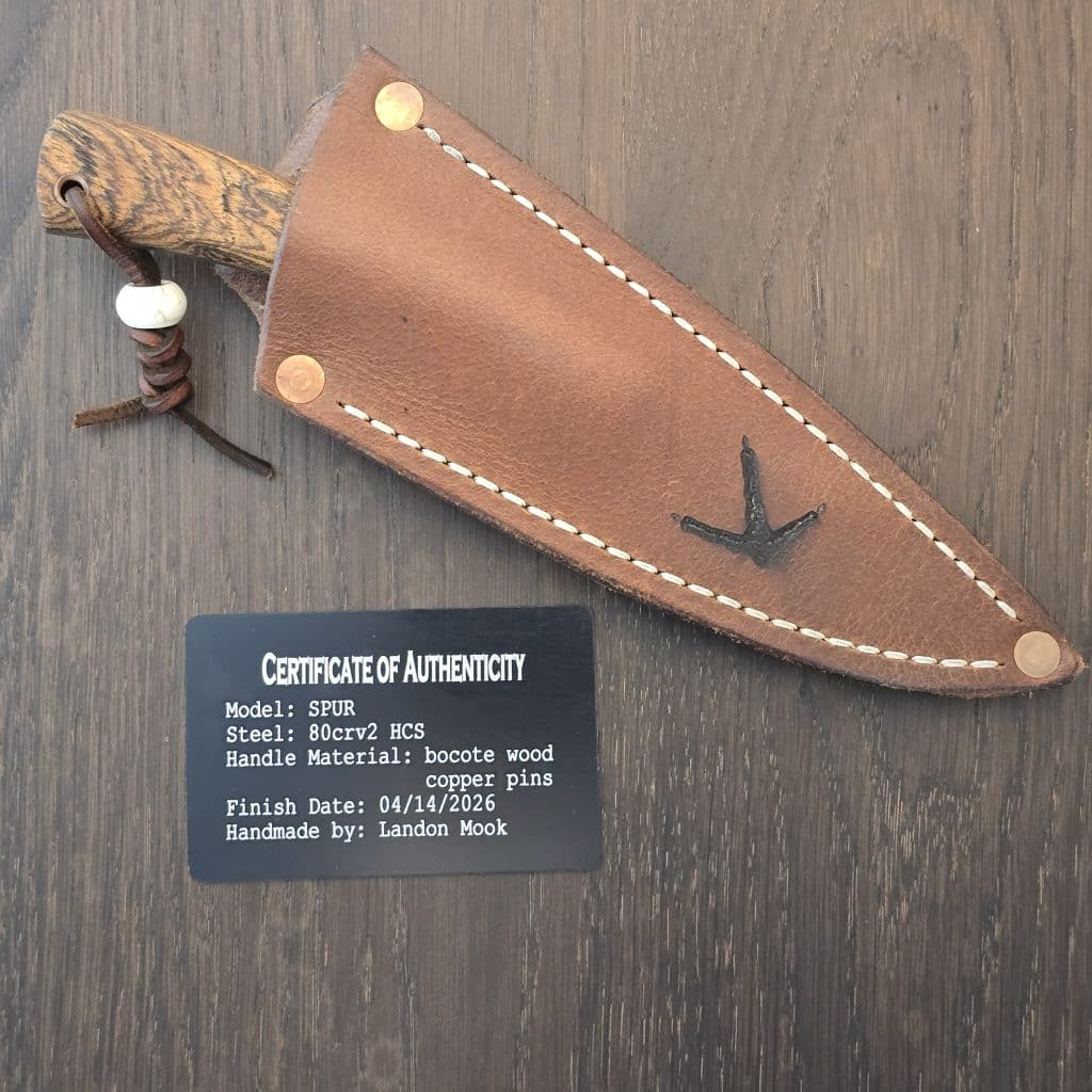 Turkey Run Knife Co. Spur in 80CRV2 HCS and Bocote Wood with Copper Pins By Landon Mook Custom Knives from Mifflinburg, PA - Image 4