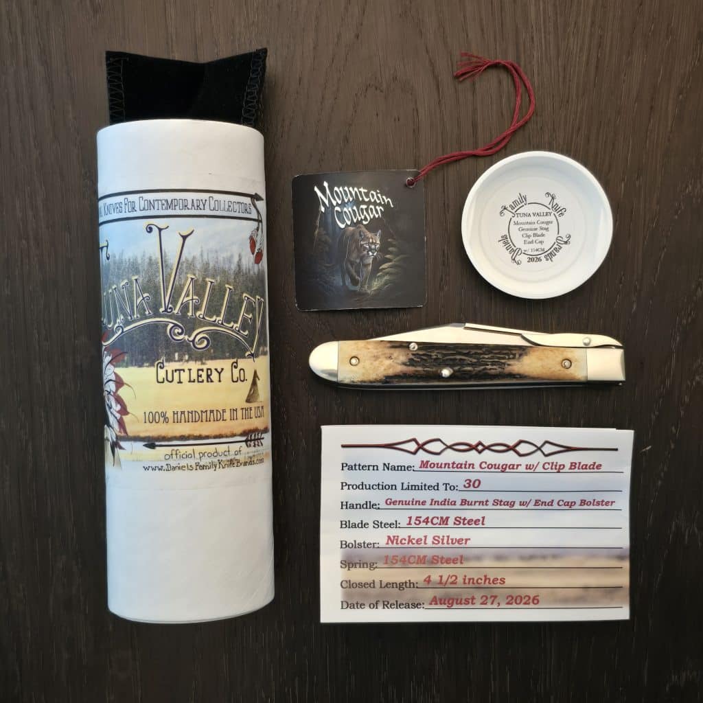 Tuna Valley Cutlery Mountain Cougar Genuine Stag Clip Blade w/154CM (1 of 30) End Cap – gallery image 5