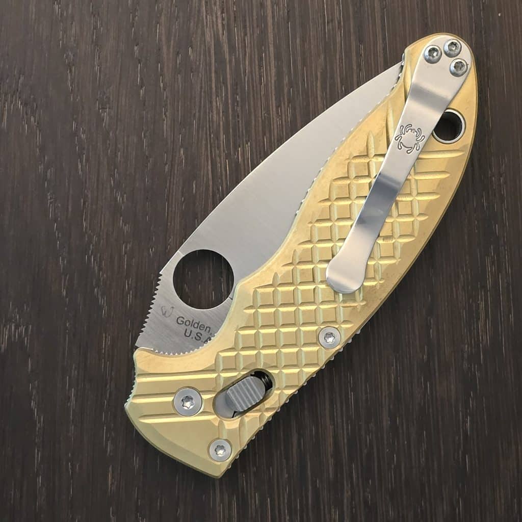 Spyderco Customized Manix 2 w/ Titanium Cage and Ceramic Ball from Flytanium and Meton Boss Brass Frag Scales – gallery image 4