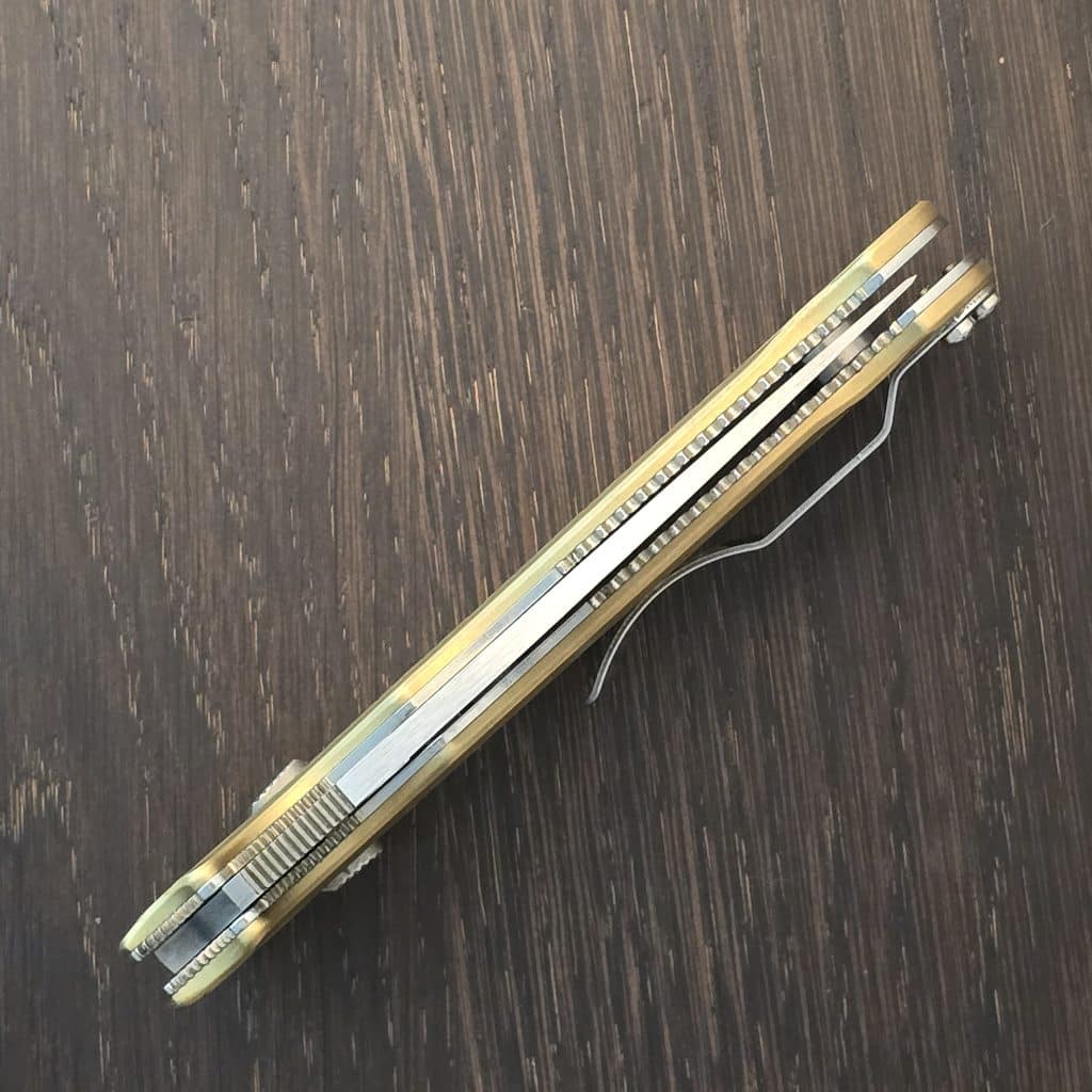 Spyderco Customized Manix 2 w/ Titanium Cage and Ceramic Ball from Flytanium and Meton Boss Brass Frag Scales – gallery image 3