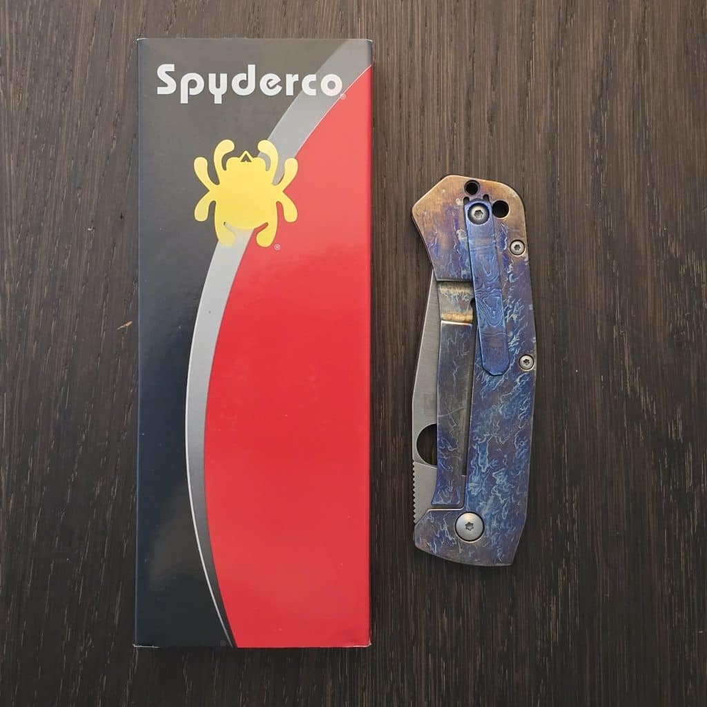 Spyderco Stylz Bowie W/ Custom Modifications By Sean Cambell Orange peel Timascus Clip, Acid Washed Blade Lightning and Ano Lock Side, Recarburized Lock Face, Silver Orange Peel Show Side – gallery image 7