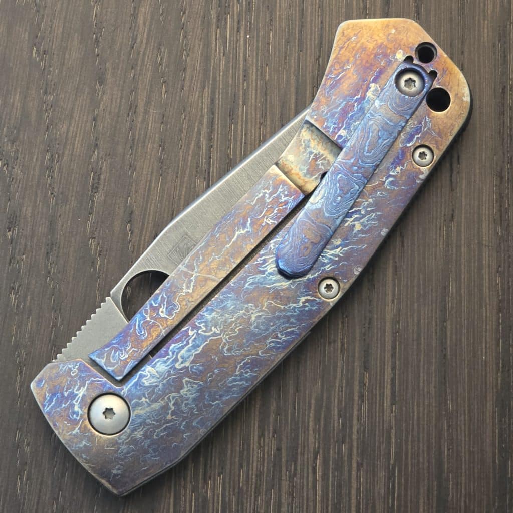 Spyderco Stylz Bowie W/ Custom Modifications By Sean Cambell Orange peel Timascus Clip, Acid Washed Blade Lightning and Ano Lock Side, Recarburized Lock Face, Silver Orange Peel Show Side – gallery image 6