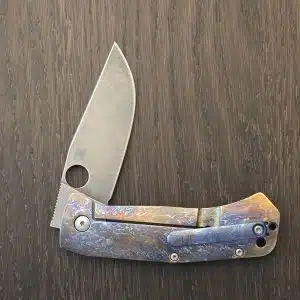 Spyderco Stylz Bowie W/ Custom Modifications By Sean Cambell Orange peel Timascus Clip, Acid Washed Blade Lightning and Ano Lock Side, Recarburized Lock Face, Silver Orange Peel Show Side