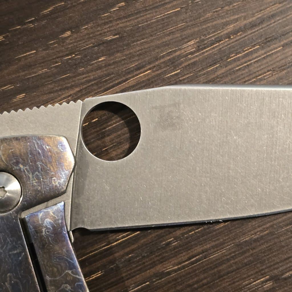 Spyderco Stylz Bowie W/ Custom Modifications By Sean Cambell Orange peel Timascus Clip, Acid Washed Blade Lightning and Ano Lock Side, Recarburized Lock Face, Silver Orange Peel Show Side – gallery image 2