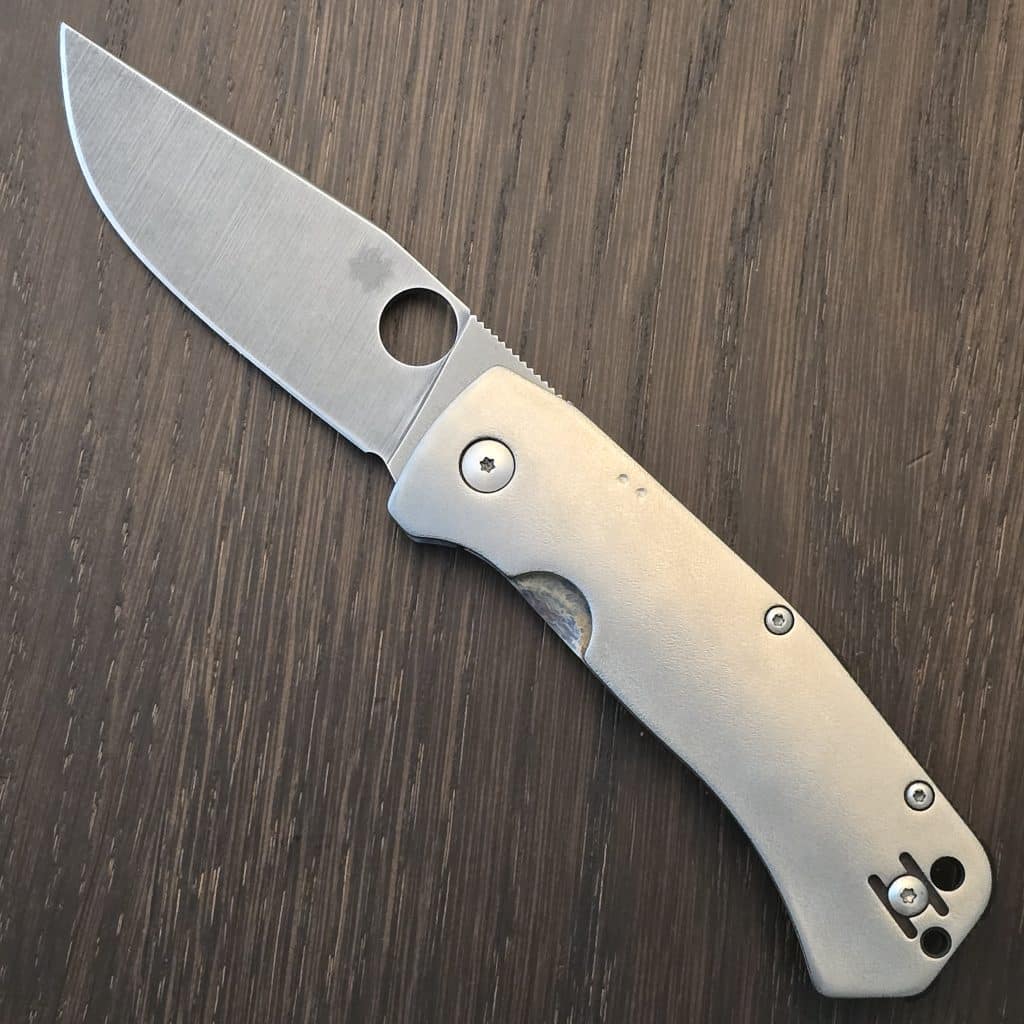 Spyderco Stylz Bowie W/ Custom Modifications By Sean Cambell Orange peel Timascus Clip, Acid Washed Blade Lightning and Ano Lock Side, Recarburized Lock Face, Silver Orange Peel Show Side – gallery image 4