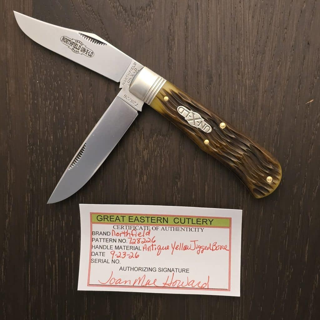 Great Eastern Cutlery PROTOTYPE #728226 French Creek Trapper Antique Yellow Jigged Bone – gallery image 3