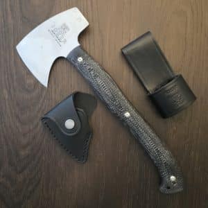 Joker "Nature" Hatchet in 80CRV2 and Black Micarta with Red Liners and Leather Sheath