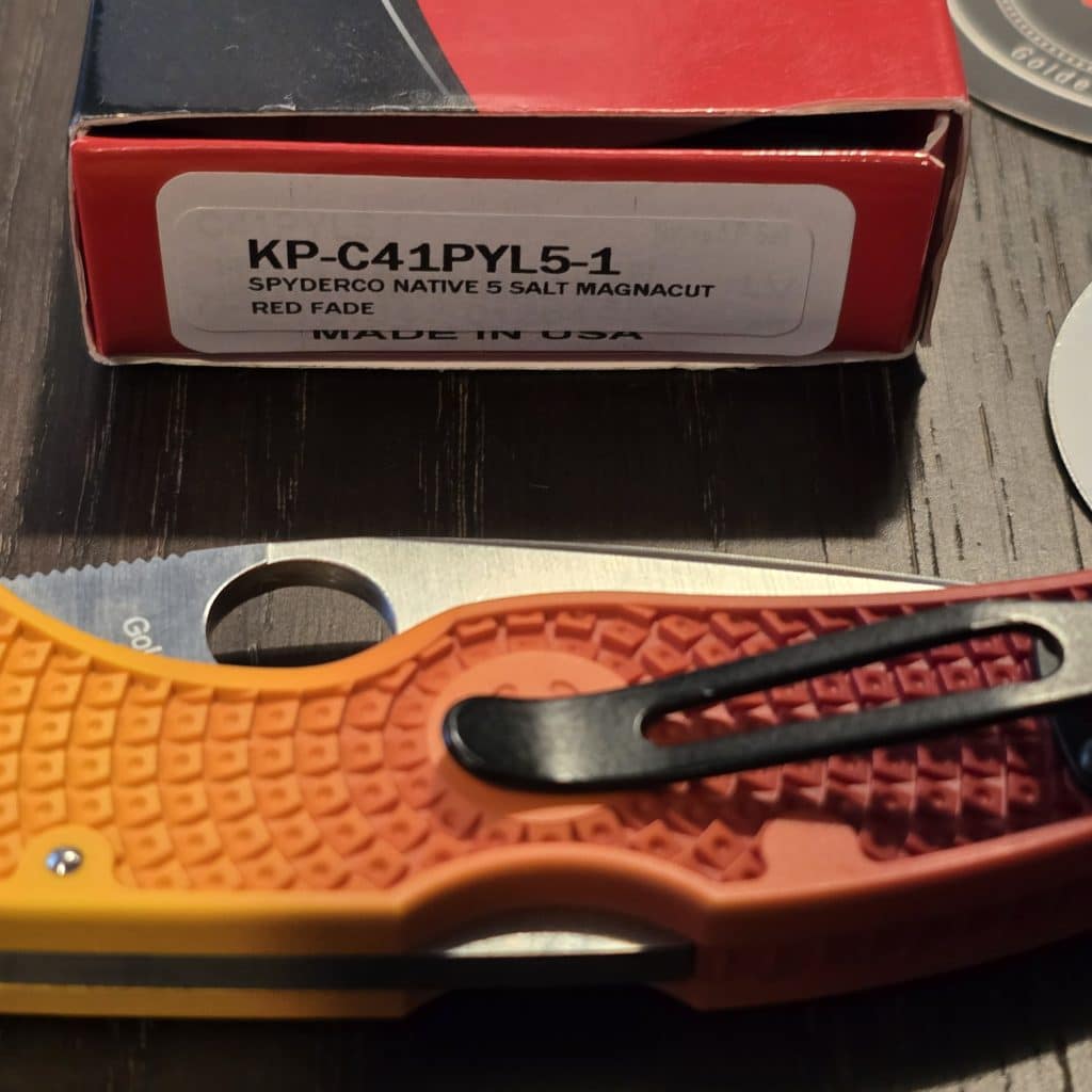 MODIFIED Spyderco Native 5 Salt Knife - Red Fade Rit Dye Handle - G10 and Magnacut KP-C41PYL5-1 (Knives Plus Custom) – gallery image 6